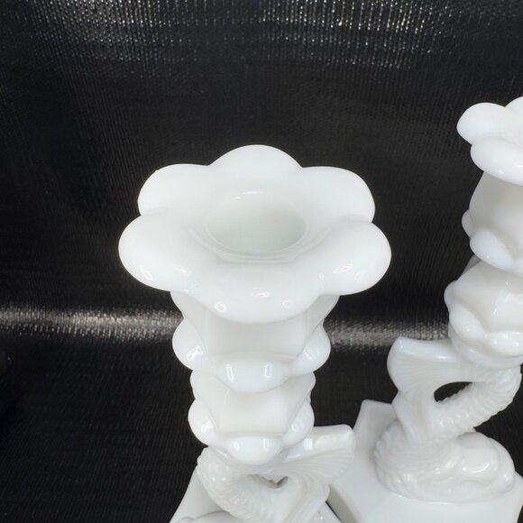 Westmoreland Dolphin Koi Fish Candlestick Pair Milk Glass Candle Holders Set 2 - Picture 5 of 10